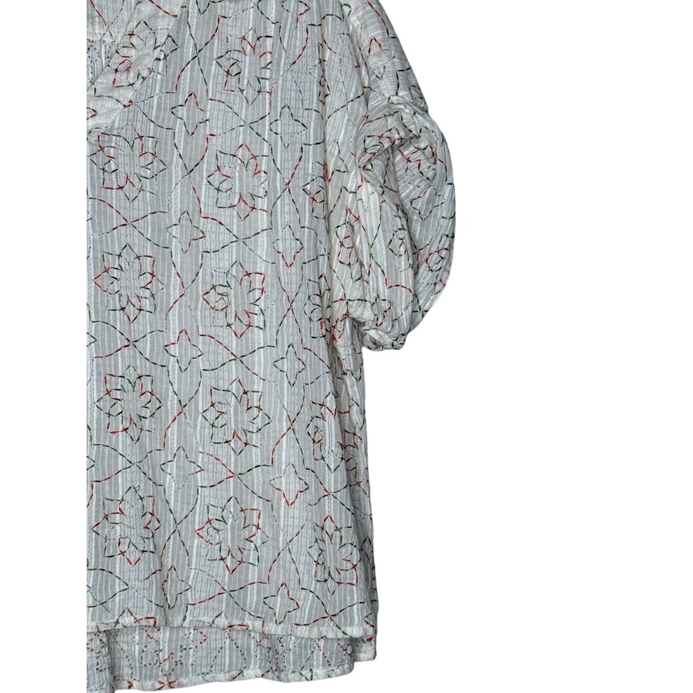 Textured Cotton Embroidered Blouse Puff Sleeve Boho Top Large - Picture 4 of 6